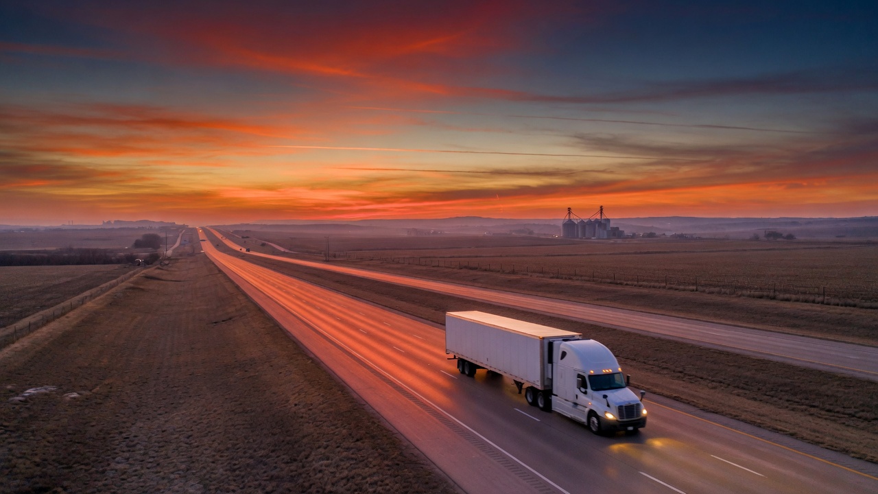 A single unmarked refrigerated truck on an empty American interstate at sunset — the empire moves at 65 miles per hour and nobody notices