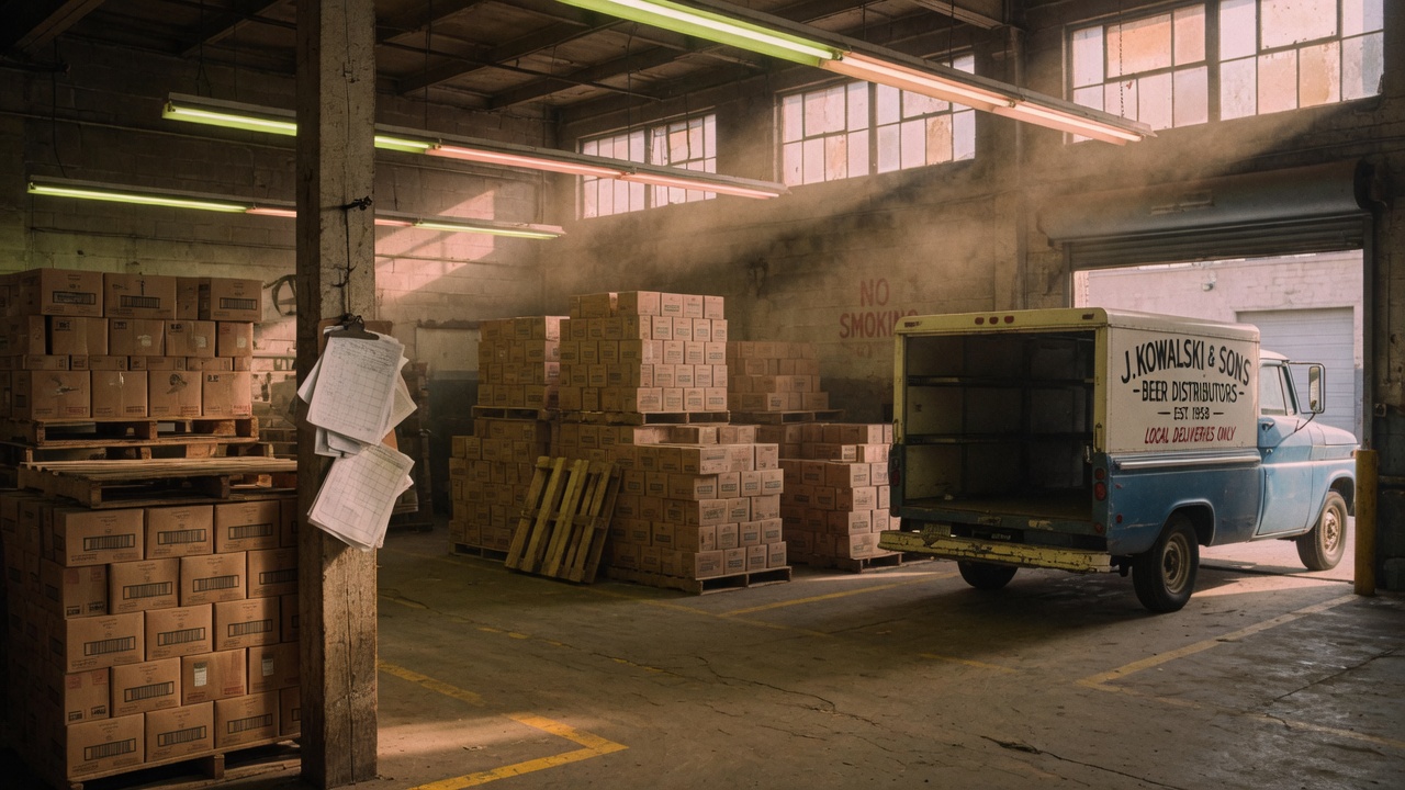 Interior of a Schlitz beer distributor warehouse in the mid-1970s — wooden pallets, a vintage delivery truck, the operational reality of buying a beer route.