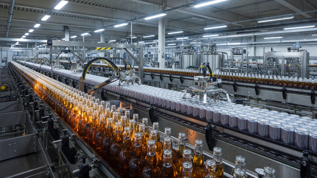 A modern Coca-Cola bottling plant — long industrial conveyor lines of glass and aluminum bottles in disciplined formation. The infrastructure of Reyes Coca-Cola Bottling across the Midwest.