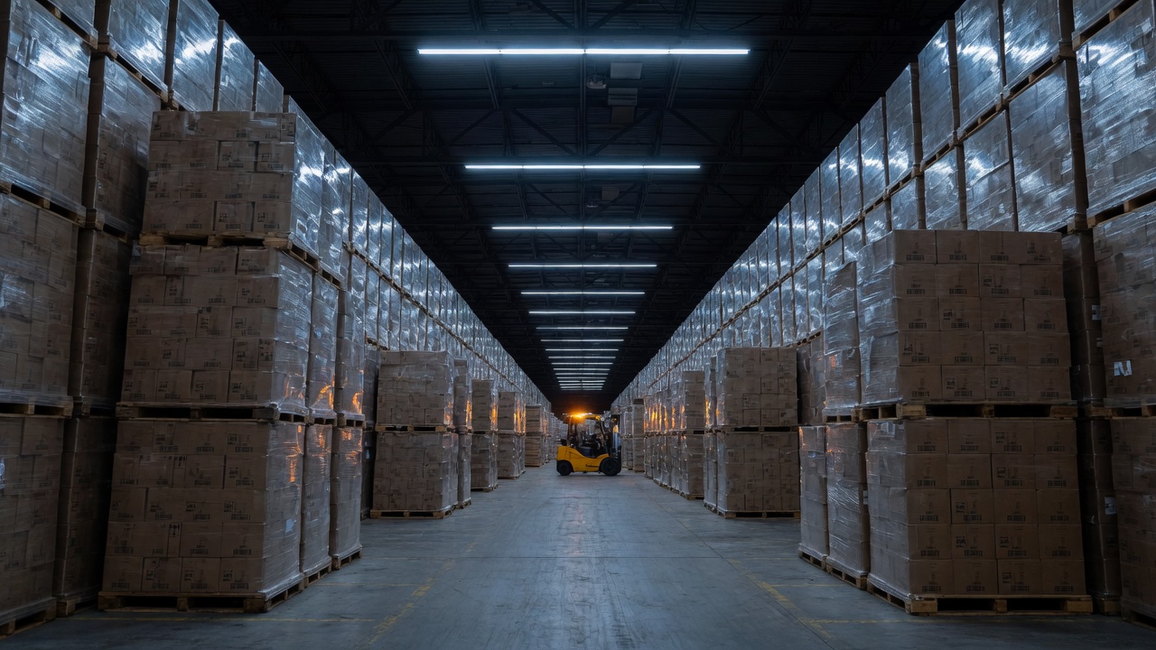 A vast modern beer distribution warehouse — endless aisles of stacked pallets, the operational scale of 130 acquisitions absorbed into a single corporate body.
