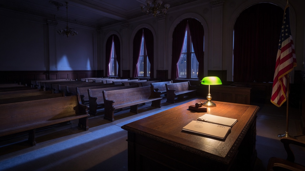 A dimly lit federal courtroom — the weight of antitrust law. Seismic Brewing v. Reyes Holdings was filed in the U.S. District Court for the Northern District of California in April 2022.