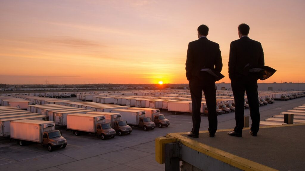 Two elderly brothers Christopher and Jude Reyes standing in silhouette overlooking their massive distribution empire at sunset