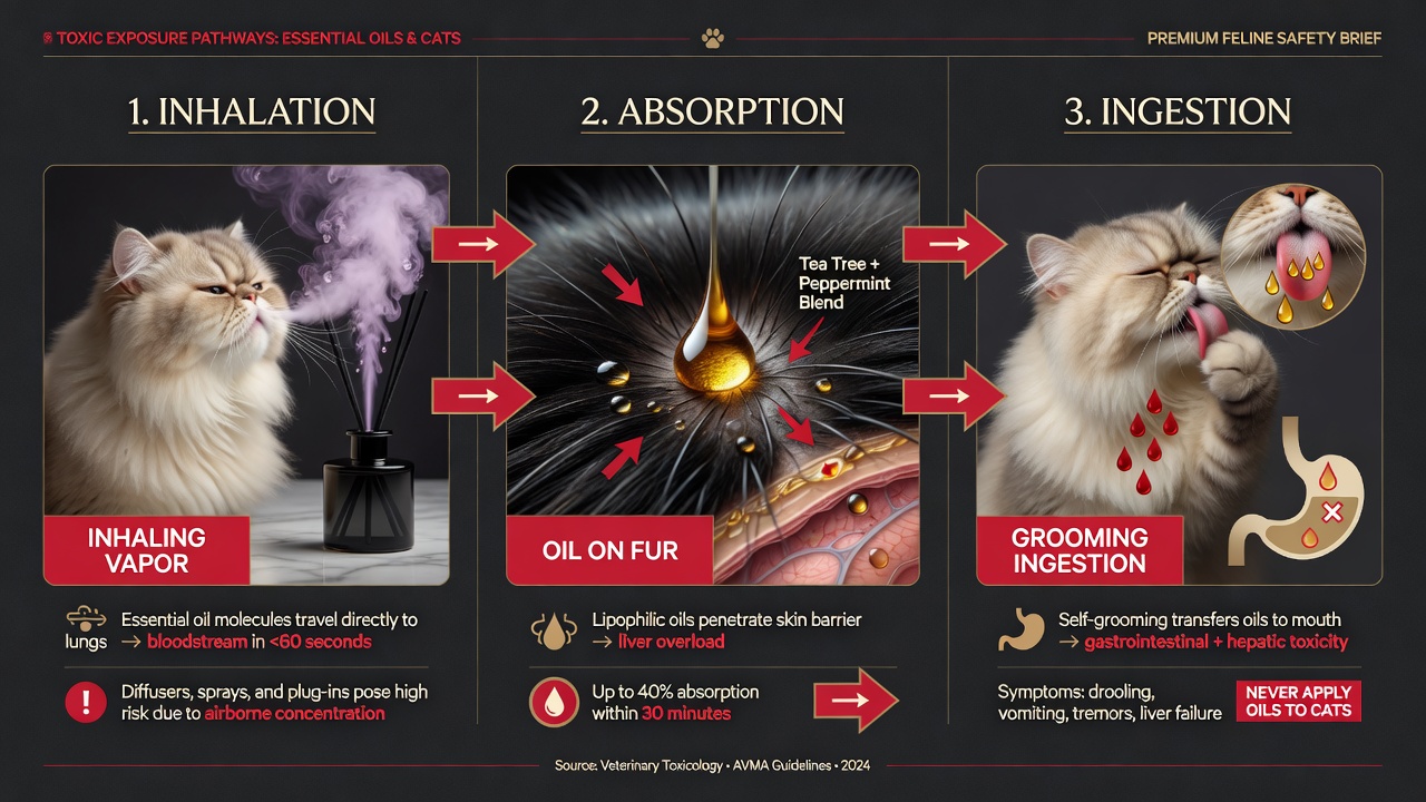 Three ways of poisoning a cat — inhalation, skin contact, and grooming