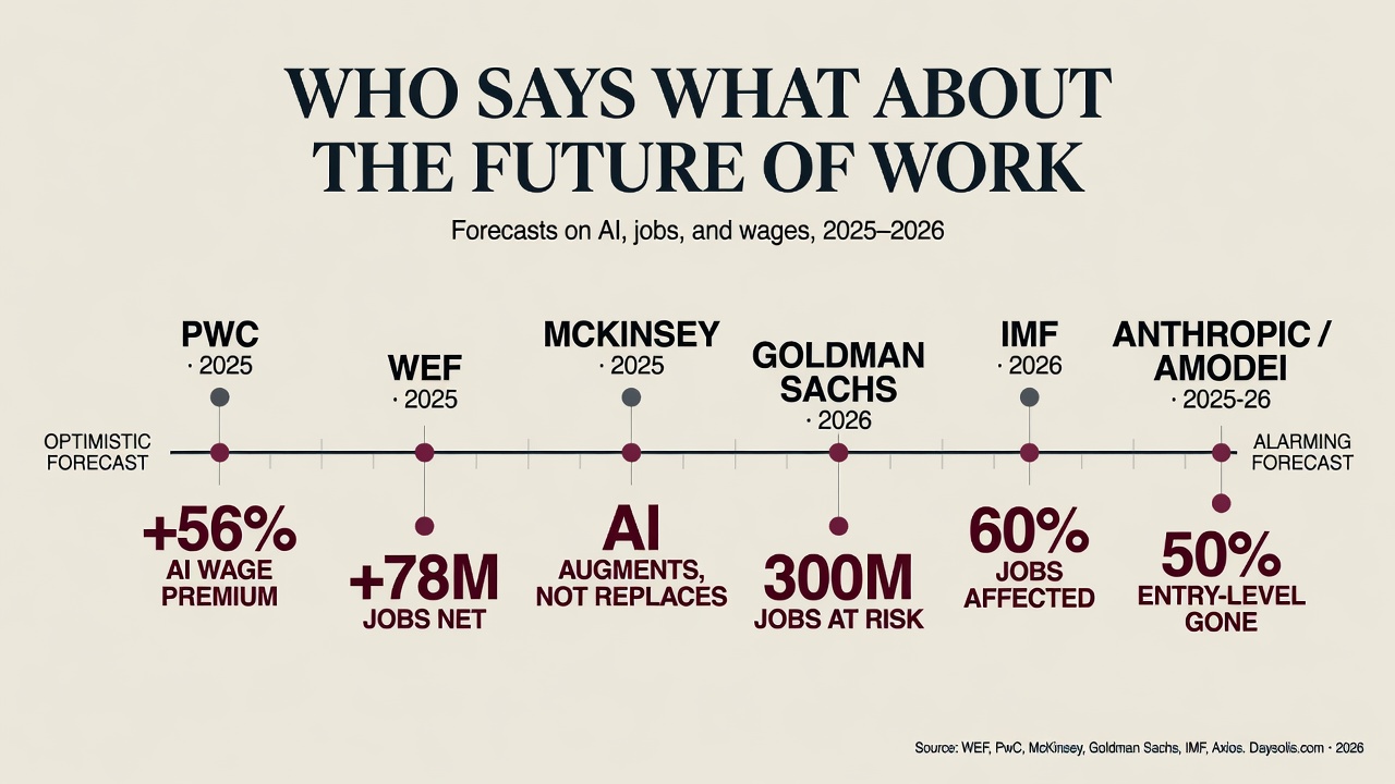 Map of contradictions: who says what about the future of work — six major sources placed on an axis from optimistic to alarming forecasts