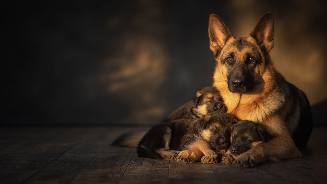 A German Shepherd mother dog with puppies in warm golden light
