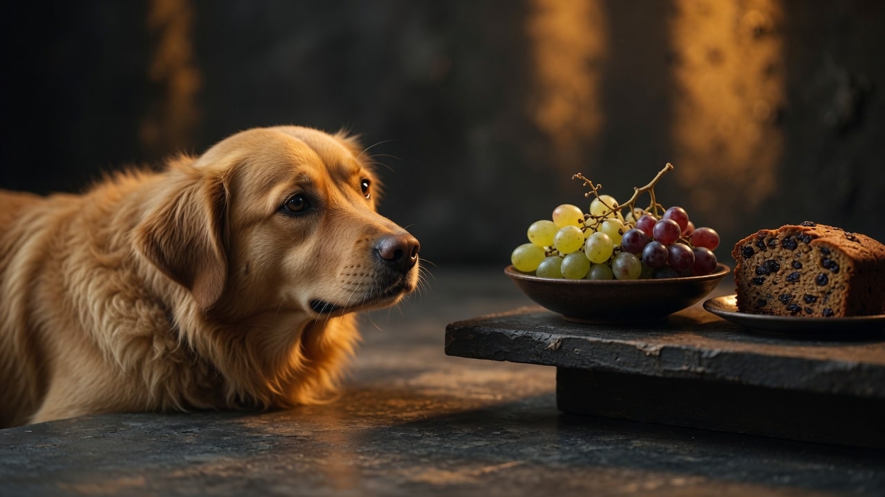 Poison in Your Kitchen A honey-golden dog gazing at a bowl of grapes and a slice of raisin cake