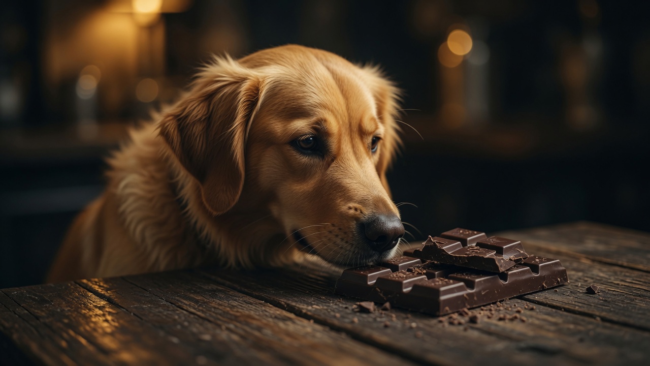 Poison in Your Kitchen A honey-golden dog beside a broken bar of dark chocolate on a dark table