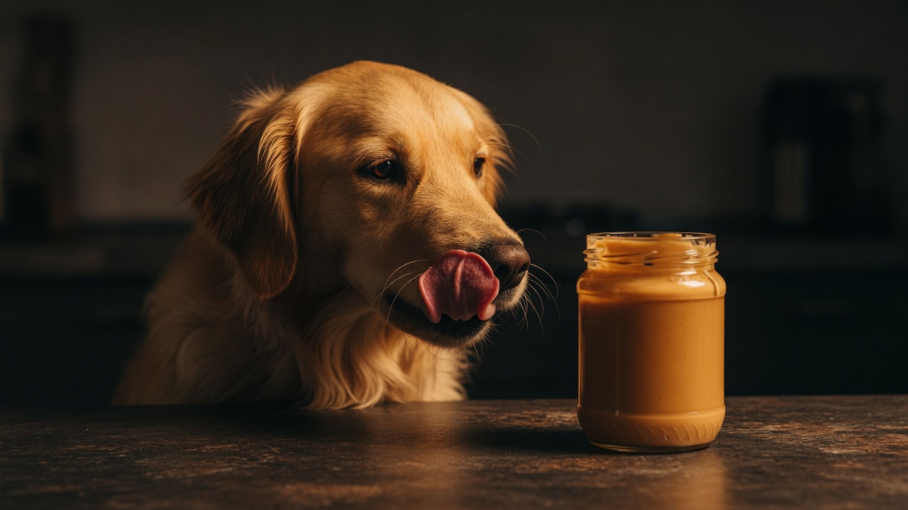 Poison in Your Kitchen A honey-golden dog eyeing an open jar of peanut butter on a dark counter