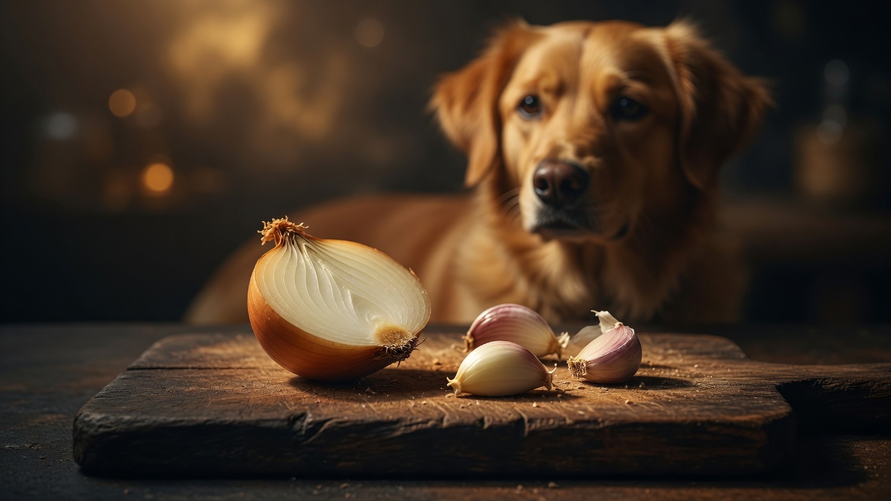 Poison in Your Kitchen A halved onion and garlic cloves on a dark board, a honey-golden dog watching behind