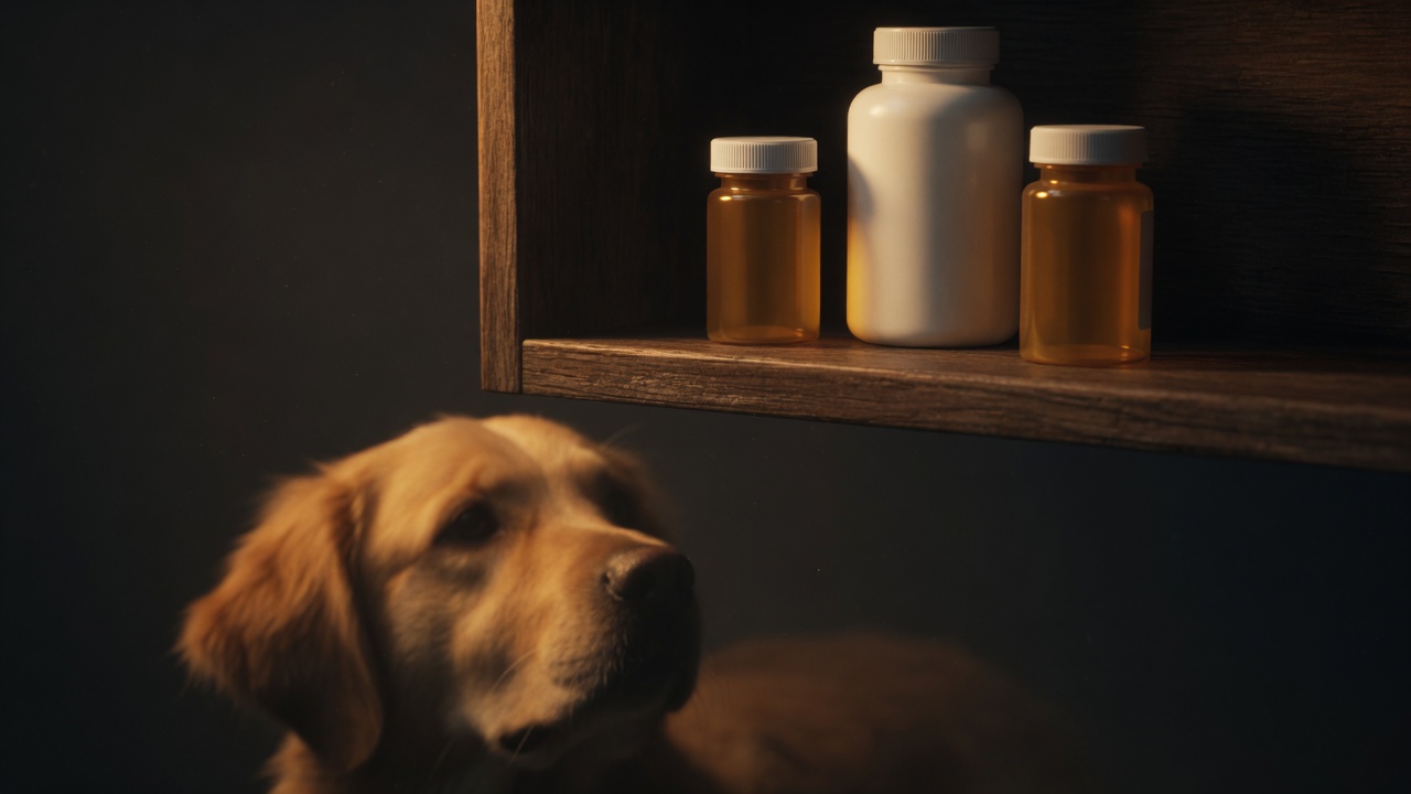 Poison in Your Kitchen Plain pill bottles on a dark shelf, a honey-golden dog watching from below