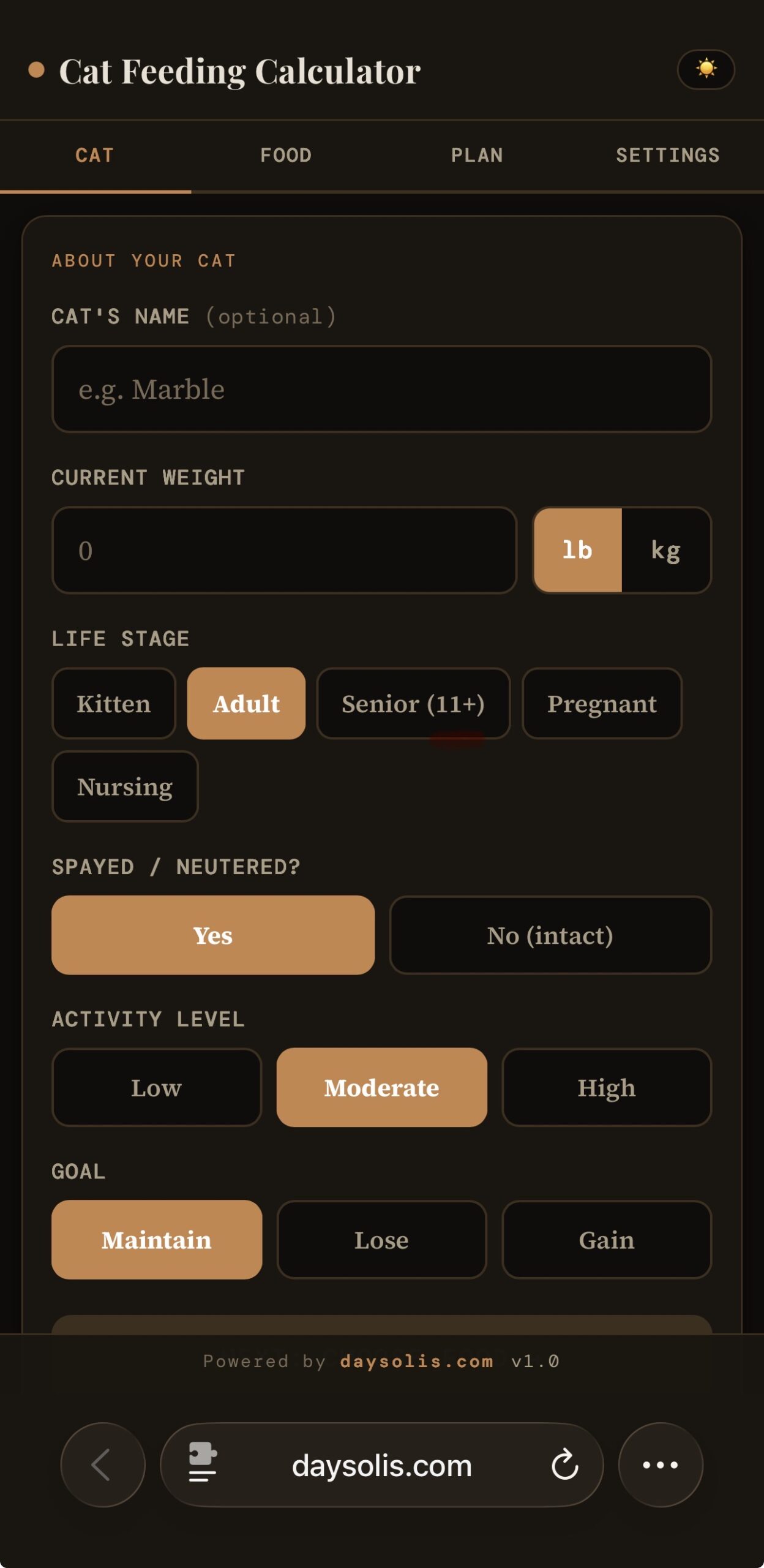 Pet Care Cat Feeding Calculator screen 1