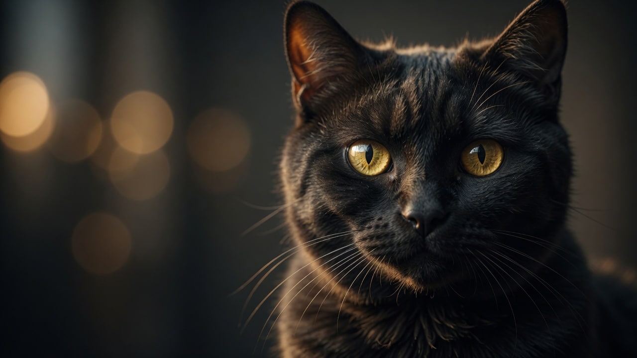 A short-haired cat looking directly into the camera, lit in warm amber and gold against a dark background