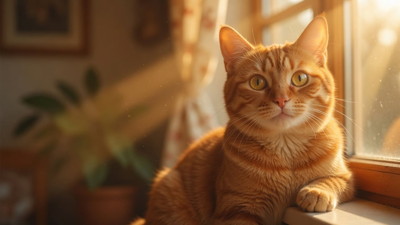 Killing With Kindness Ginger tabby cat sitting on windowsill in warm sunlight
