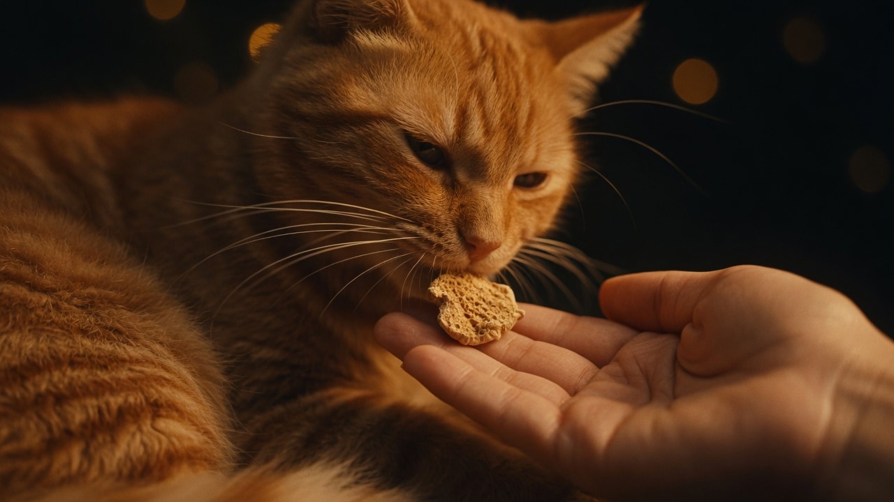 Ginger tabby cat gently and carefully taking a treat from a person's open palm with soft, trusting eyes