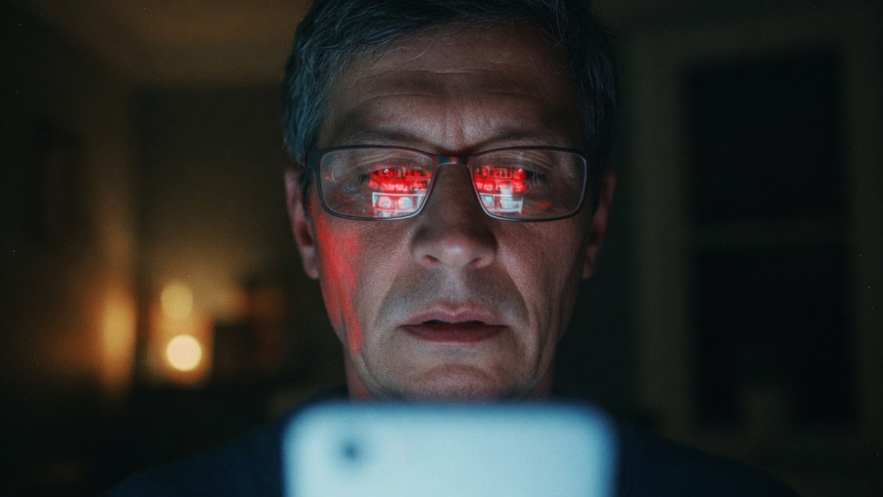 Anonymous face lit from below by a phone's cold glow, red headlines blurred in the reflection, illustrating the news doomscroll