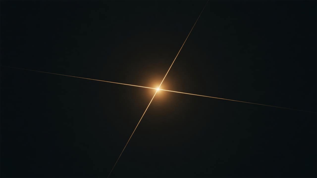 ABSOLUTE ZERO Two thin gold lines crossing at a single point on black, a bloom of light at the intersection