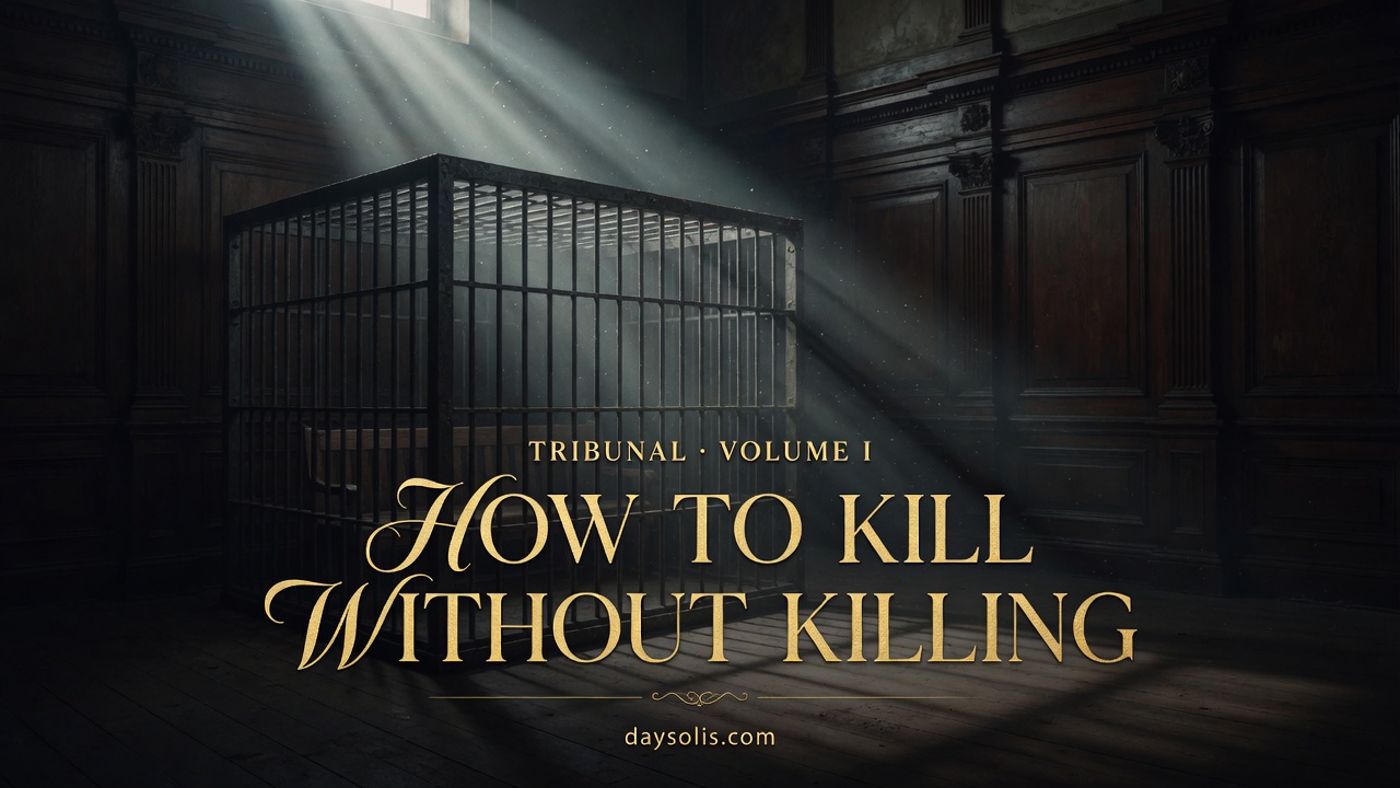 Steel defendant's cage in a dark courtroom under gold-leaf title How to Kill Without Killing, cover of TRIBUNAL Volume I