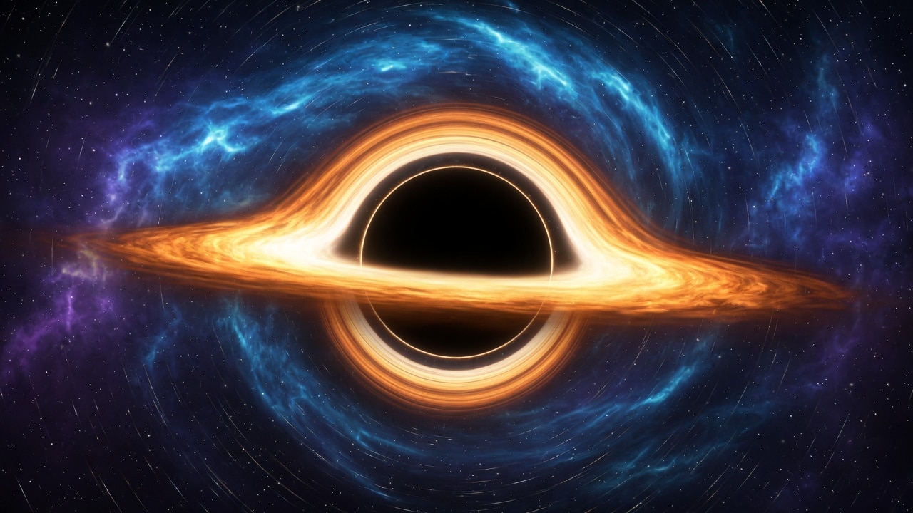 THE UNFINISHED MAP A supermassive black hole with a blazing golden accretion disc warped by gravitational lensing against a violet starfield.