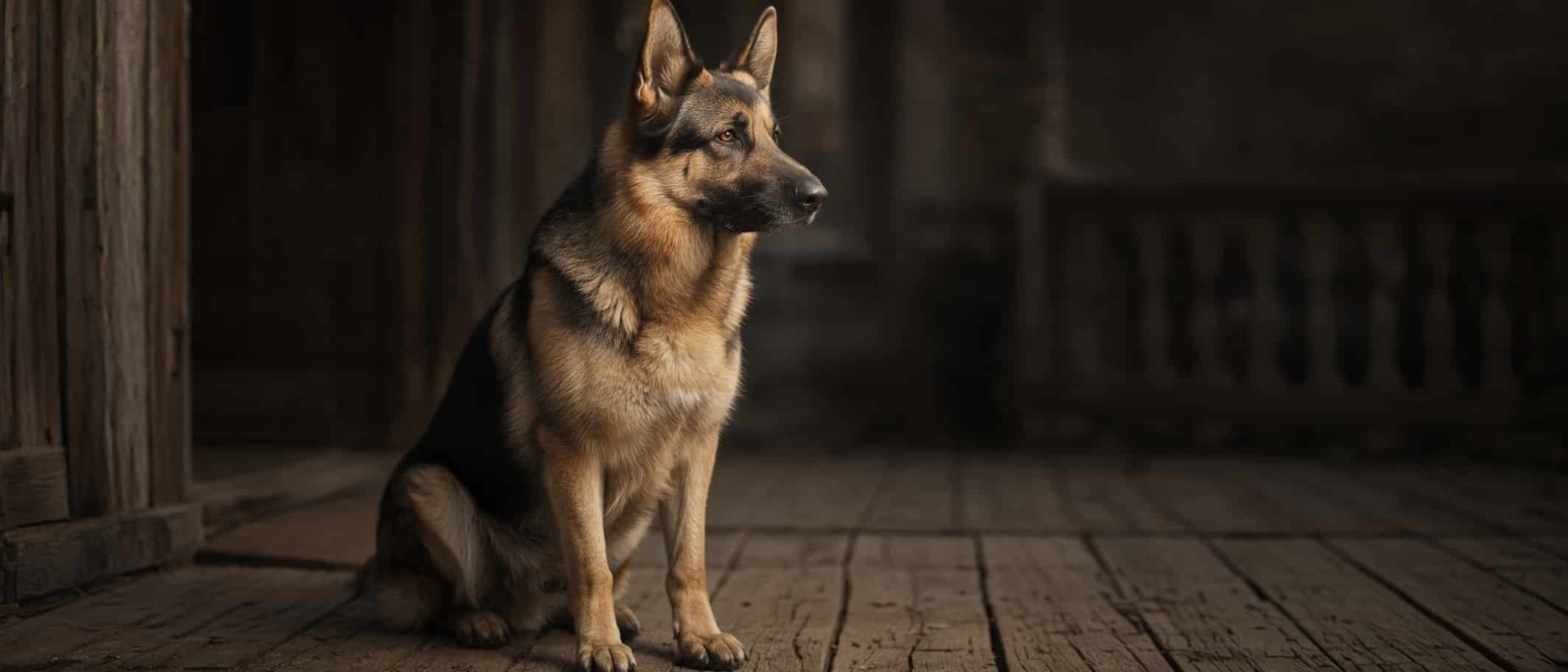 Heart of the Beast Illustration: a purebred German Shepherd sitting upright on a wooden porch, ears erect, gazing into the distance