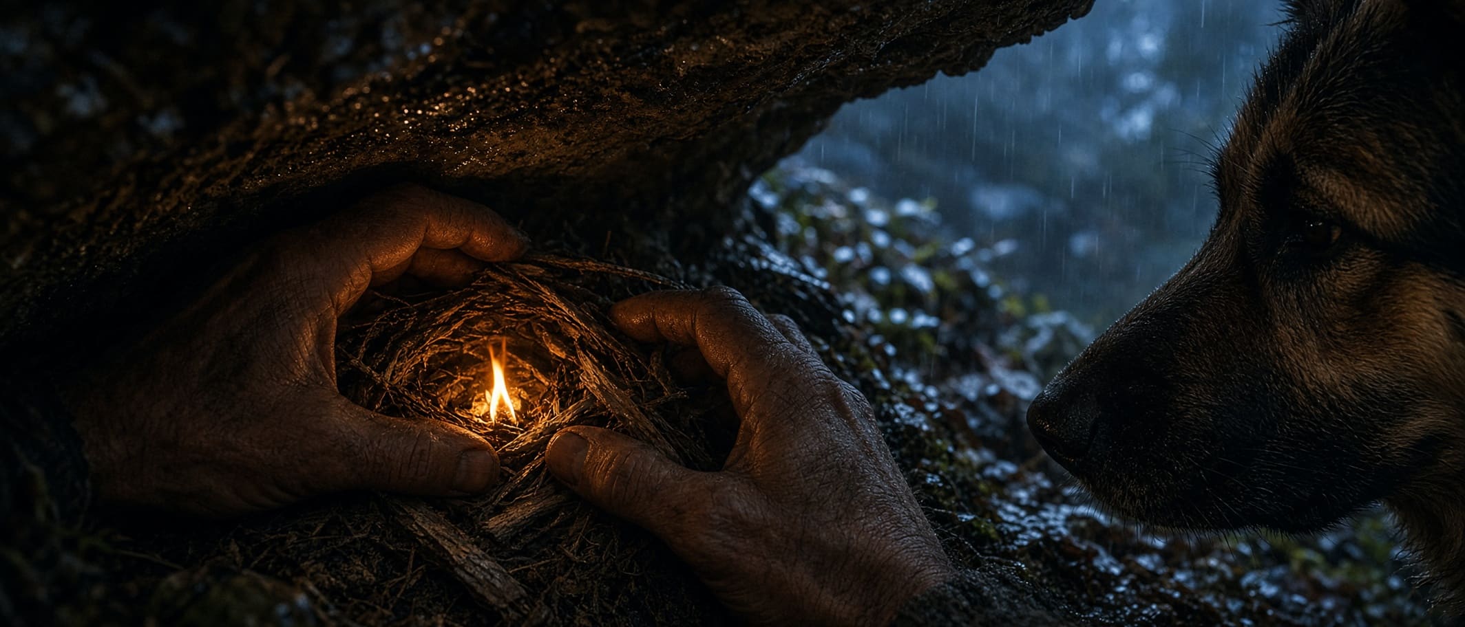 Heart of the Beast Illustration: a man's hands shielding a small flame in dry kindling under a rocky overhang in the rain, a German Shepherd watching