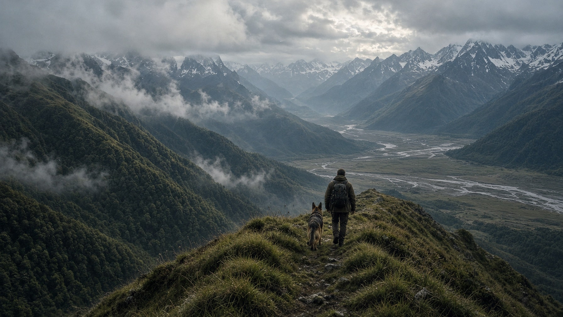 Illustration: a man and a German Shepherd walking along a green alpine ridge above a river valley