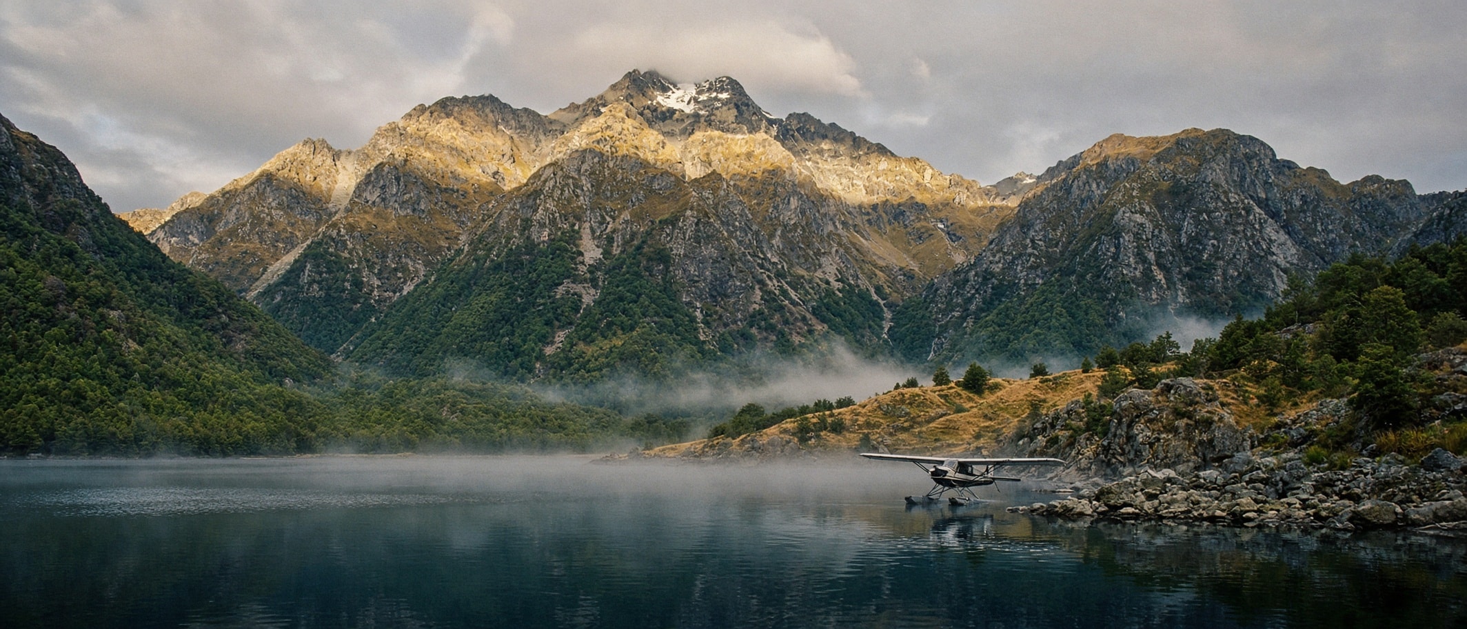 Heart of the Beast Illustration: a still glacial lake at morning with forested mountains and a small floatplane moored by a rocky shore