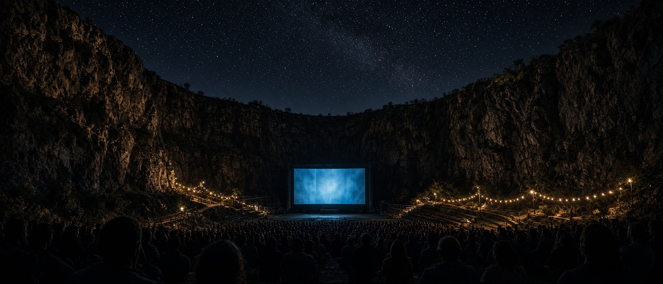 Heart of the Beast Illustration: an open-air amphitheater inside an old stone quarry at night, a glowing screen and silhouetted audience under the stars